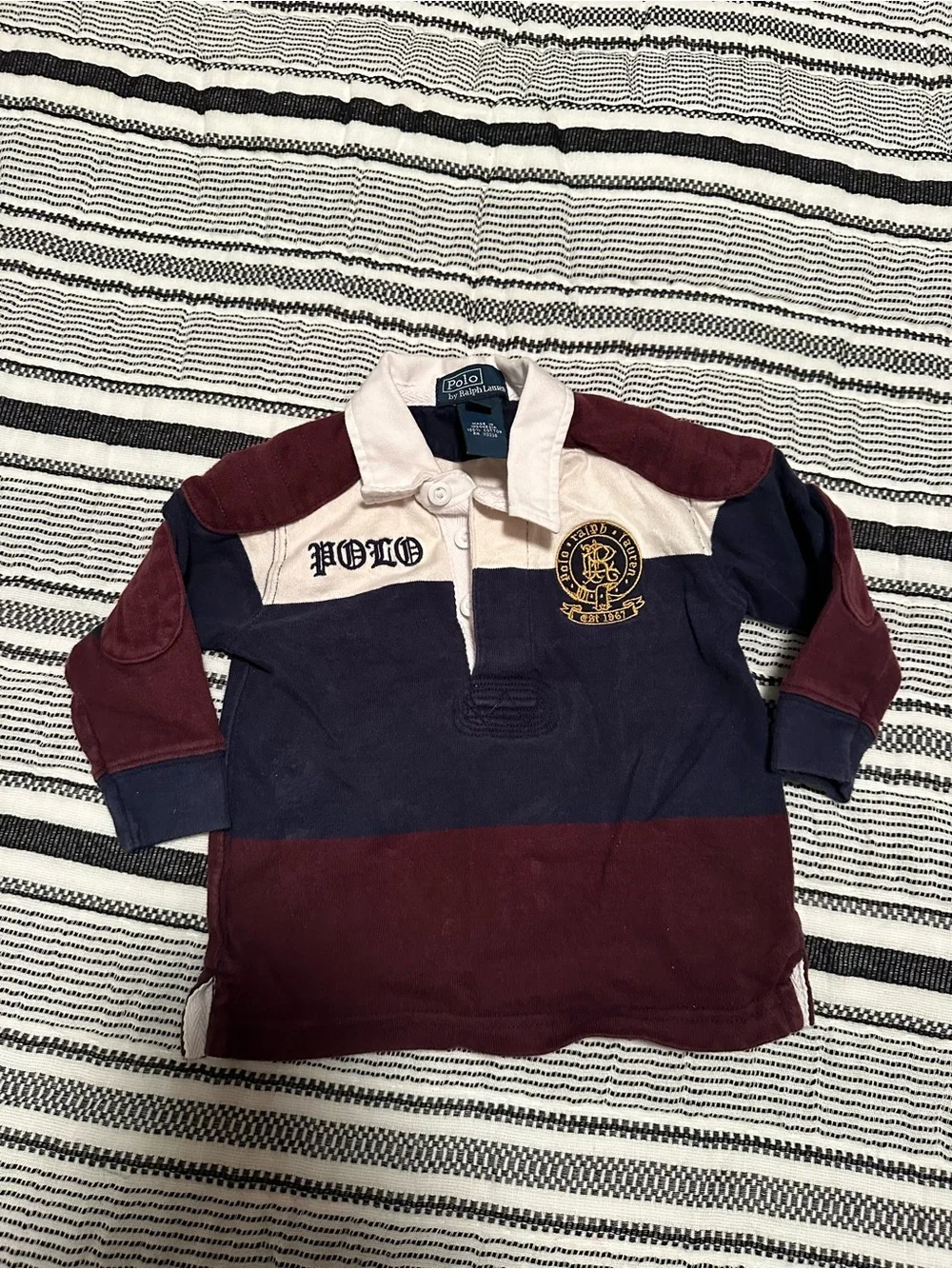 Ralph Lauren Boys Burgundy,Navy, and Cream Rugby Polo- Size 12M